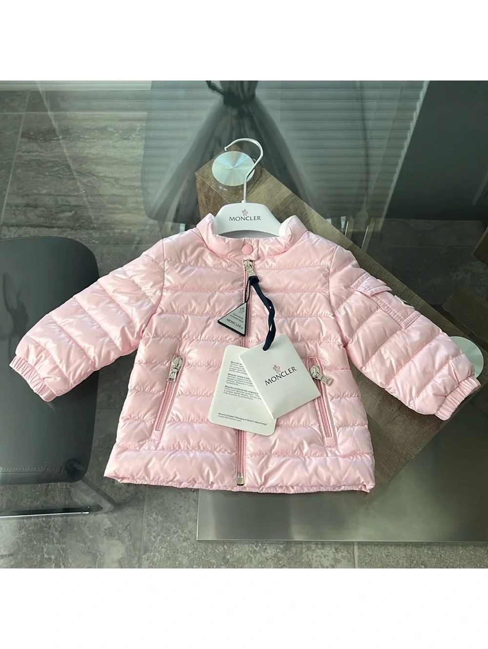 MONCLER Paulas Down Logo-Patch Sleeve Jacket, Pink Girl’s Size 6-9M New w/Tag